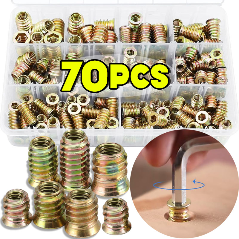 Furniture Hardware Threaded Inserts - 70-teiliges Gewindeeinsatzmuttern-Set, E-Muttern-Kit, Einbau-Muttern, Holzbolzen, kopflose